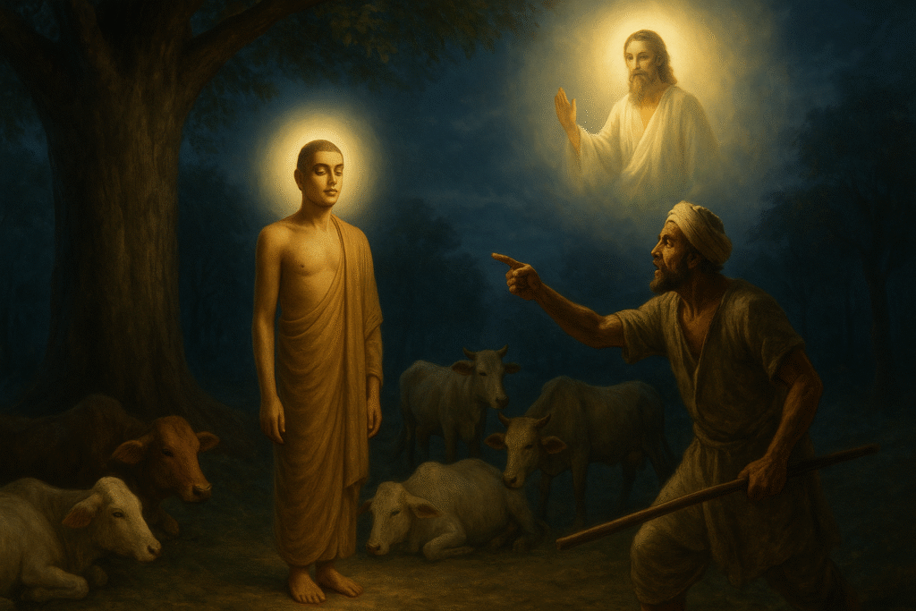 Lord Mahavira meditating under a tree while a herdsman angrily accuses him, and a divine figure intervenes with cows in a serene forest setting.